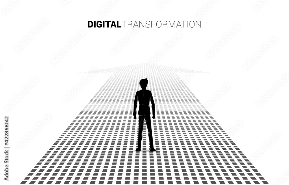 Poster Silhouette of businessman standing on the arrow from pixel. concept of digital transformation of business.