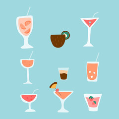 Set of tropical cocktails. Vector illustration in flat style for graphic design, shop ads, banners, invitations, prints, etc