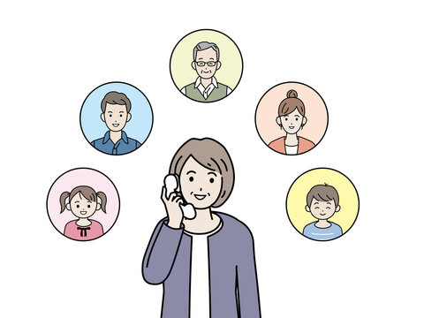 家族に電話する　年配の女性　高齢者　シニア　電話　通話　会話　イラスト素材