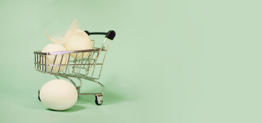 Fresh eggs in shopping cart. Online purchase food. Organic products banner. Copy space