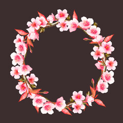 Fototapeta na wymiar Watercolor sakura flower wreath, cherry blossom, flower wreath 