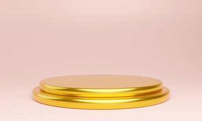 Gold metallic product stand and soft pink background for mockup, 3D rendering