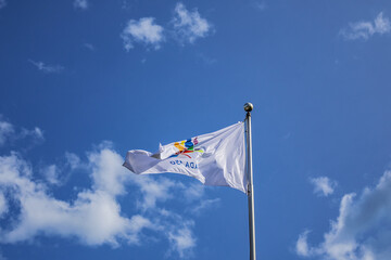 A Canadian flag with an inscription 'Canada 150' with maple leaf fluttering against the blue sky.