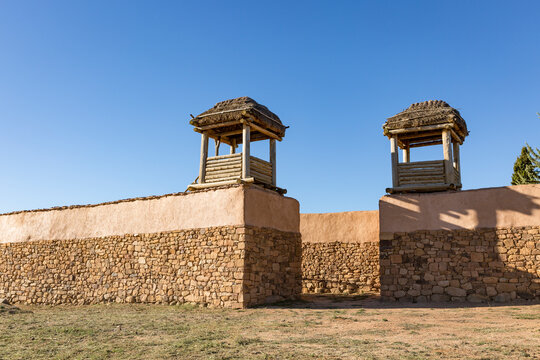 wooden reconstruction of the watchtowers at the outer defense wall of Numancia, Garray, province of Soria, Castile and Leon, Spain