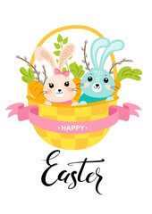 Obraz na płótnie Canvas Happy Easter card. Basket with cute rabbits, carrots, floral elements, ribbon and typographic design. Vector illustration.