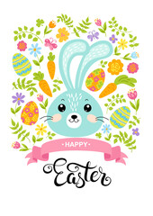 Happy Easter card with cute rabbits, eggs, floral elements and typographic design. Vector illustration.