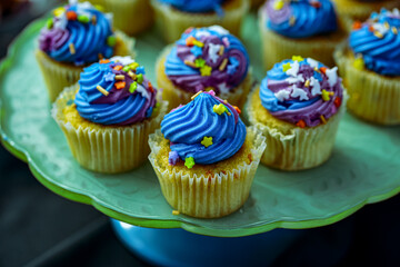 Colorful unicorn mini cupcakes topped with blue frosty and colorful sprinkles
