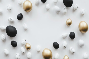 Stylish golden eggs easter concept. Easter gold and black eggs with golden dried flax linum bunch...