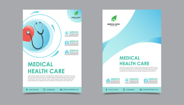 Medical health care flyer brochure template design, flyer template of medical care with white background for text in A4 size, space for picture and blue wavy lines decoration. vector illustration 