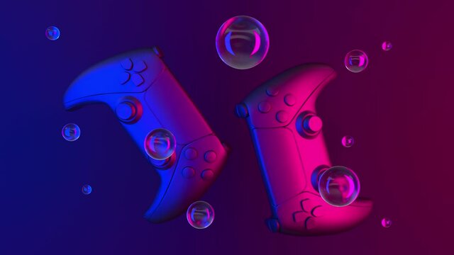 Abstract game controllers, transparent soap bubbles with reflections. Retro neon game controllers. Gamepads for games. Sci-fi Cyber futuristic purple-pink joystick. Game adventure. 3d loop animation