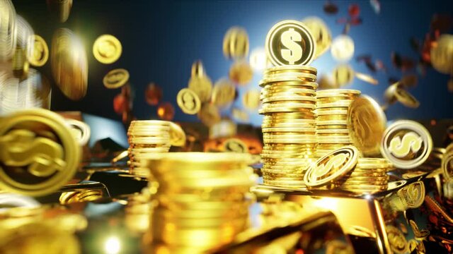 Dollar falling coins surrounded by gold bars 4k video footage. High quality 4k footage