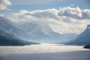 Landscape overlooking Waterton Lake in winter