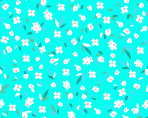 Fototapeta na wymiar Spring Seamless Pattern with white delicate flowers blooming sakura apple tree flowers on pastel fresh blue turquoise background Vector illustration
