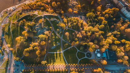 Helsinki city from above, Parks, water, sunset