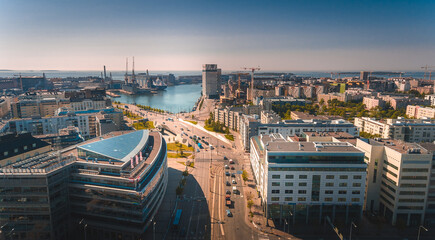 Aerial view. Helsinki seaside with view on hotels, offices, port and shipyard.  Finland