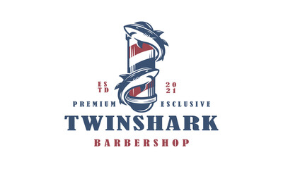 Two Shark's Barbershop Premium Logo Design - Vector illustration on white background.