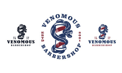 Venomous Barbershop Profesional and Premium Logo Design - Vector Illustration on white background - Creative vintage barber logo combination featuring a snake and barber shop symbol