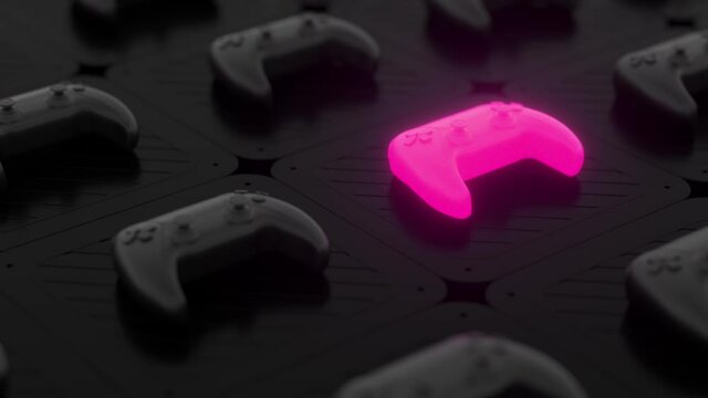 Black joysticks on a black textured surface. Pink glowing objects on the background. Depth of field. Gamepads on glossy table background. Gamer concept. 3d loop animation of 4K