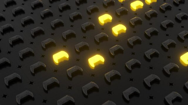 Black joysticks on a black textured surface. Yellow glowing objects on the background. Depth of field. Gamepads on glossy table background. Gamer concept. 3d animation loop of 4K