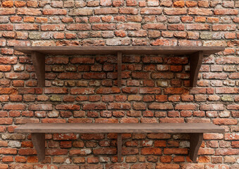 empty wooden shelves red brick, display mockup tabletop isolated © AGPhotography