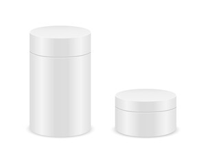 White cylinder boxes isolated on white background. Tube cardboard package mockup for product design. Blank containers for gifts, food, tea, coffee. Vector realistic illustration.