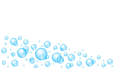 Blue bubbles abstract background with place for text. Bath sud, aquarium or sea water stream, soap or cleanser foam, fizzy effect. Vector realistic illustration.