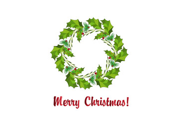 Merry Christmas wreath  pine fir tree leaves with red cherries in a circle shape decoration frame with red text for gift cards in Christmas time.
