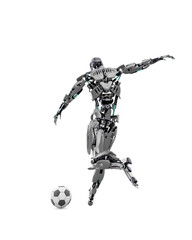 master cyber robot is kicking the football ball rear view
