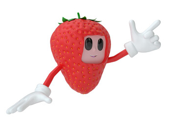 Cartoons Strawberry character Isolated On White Background, 3D rendering. 3D illustration.
