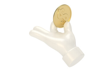 Cartoon hand and gold coin on white background. 3D illustration.
