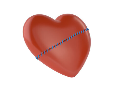Broken heart. Stitch suture on heart shape, 3D rendering. 3D illustration.