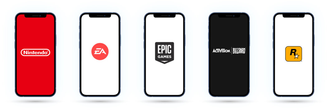 Set of realistic vector iPhones with logo splash screens of 5 top video game companies.