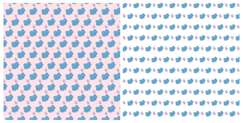 Vector set of design spring seamless pattern with pink and blue flowers, green leafs. Summer. Floral. Illustration for wedding invitations, wallpaper, textile, wrapping paper, fashion, fabric, web.