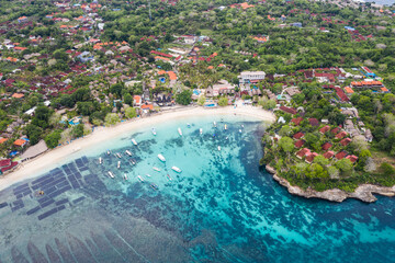 Aerial view of Mushroom bay in Nusa Lembongan off the coast of Bali in Indonesia.