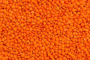 Full frame of red lentils. Selective focus.