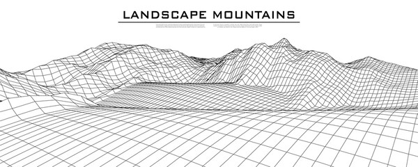 Wireframe 3D landscape mountains. Wireframe landscape wire. 3d landscape. Digital retro landscape cyber surface. Vector illustration.