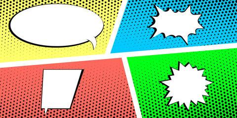 Comic book page template with blank white speech bubbles pop art style. Retro blank comic elements with black halftone shadows. Vector illustration.