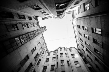 Fototapeta na wymiar Yard-well in the St.Petersburg. Black and white photo.