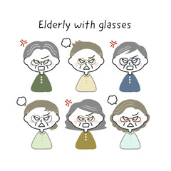 眼鏡をかけたお年寄りのイラストセット　怒り