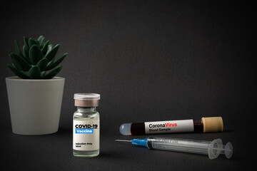 A bottle of vaccine, blood sample vacuum tube and syringe on black background. Covid-19 or Coronavirus Concept. Copy space.