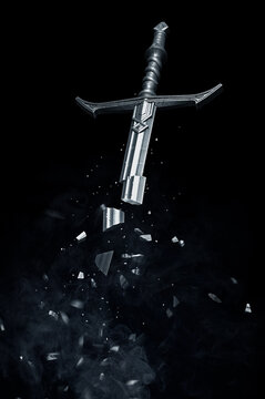 Broken metal sword on a dark background. 3d render