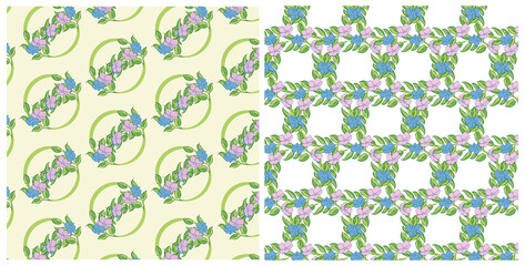 Naklejka premium Vector set of design spring seamless pattern with pink and blue flowers, green leafs. Summer. Floral. Illustration for wedding invitations, wallpaper, textile, wrapping paper, fashion, fabric, web.