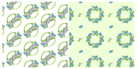 Fototapeta na wymiar Vector set of design spring seamless pattern with pink and blue flowers, green leafs. Summer. Floral. Illustration for wedding invitations, wallpaper, textile, wrapping paper, fashion, fabric, web.