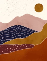 Keuken spatwand met foto Abstract Landscape of Mountains with the Sun in a Minimal Trendy Style. Vector Background in Terracotta Colors © Sini4ka