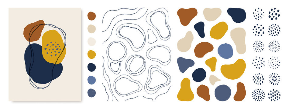 Organic Shapes and Lines Set in Minimal Trendy Style. Vector Hand Draw Abstract Elements in Mustard, Brown Colors