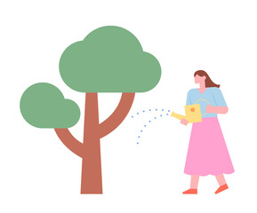 A woman is watering a tree with a watering can. flat design style minimal vector illustration.