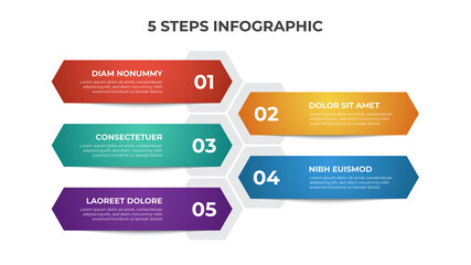 Colorful 5 points of steps, with hexagonal list layout diagram, infographic element template