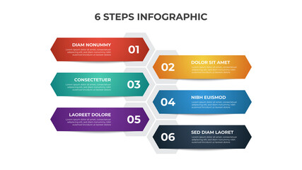 Colorful 6 points of steps, with hexagonal list layout diagram, infographic element template