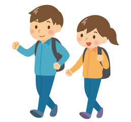 ハイキングで歩く笑顔のカップル