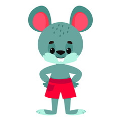 Cute cute little gray mouse stands and smiles. Vector illustration in cartoon style.